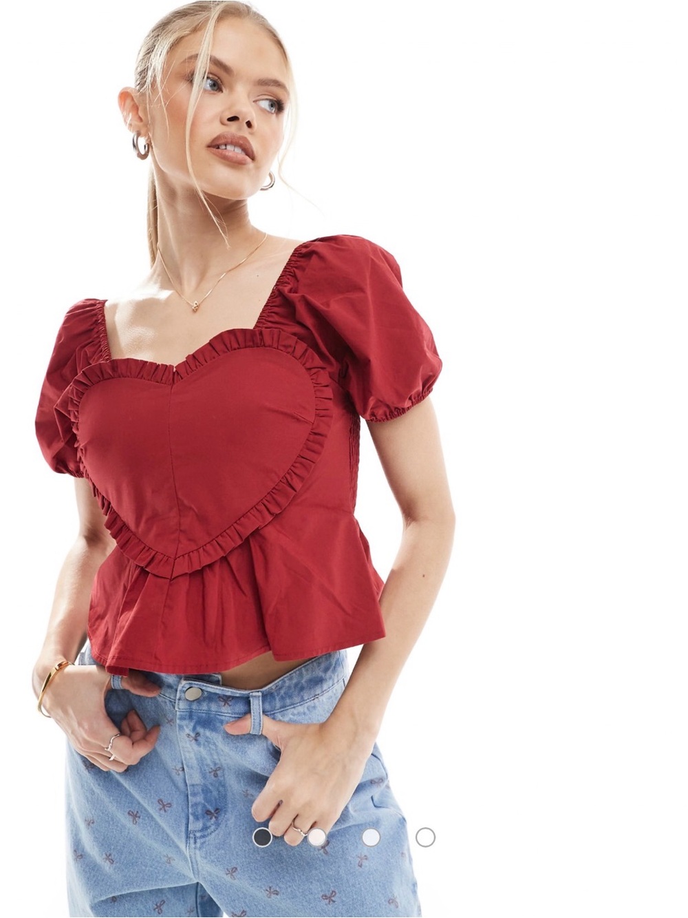 The Frolic Exclusive puff sleeve ruffle heart peplum crop top Red Size Small